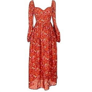 Bog Collective Romantic Long Sleeve Sweetheart Neckline Maxi Cinched Back Dress